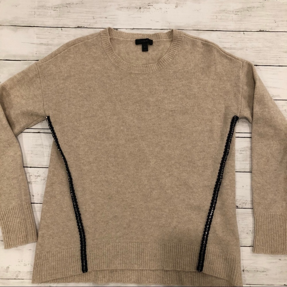 J. Crew 100% Wool Tan Sweater with black beaded detailing